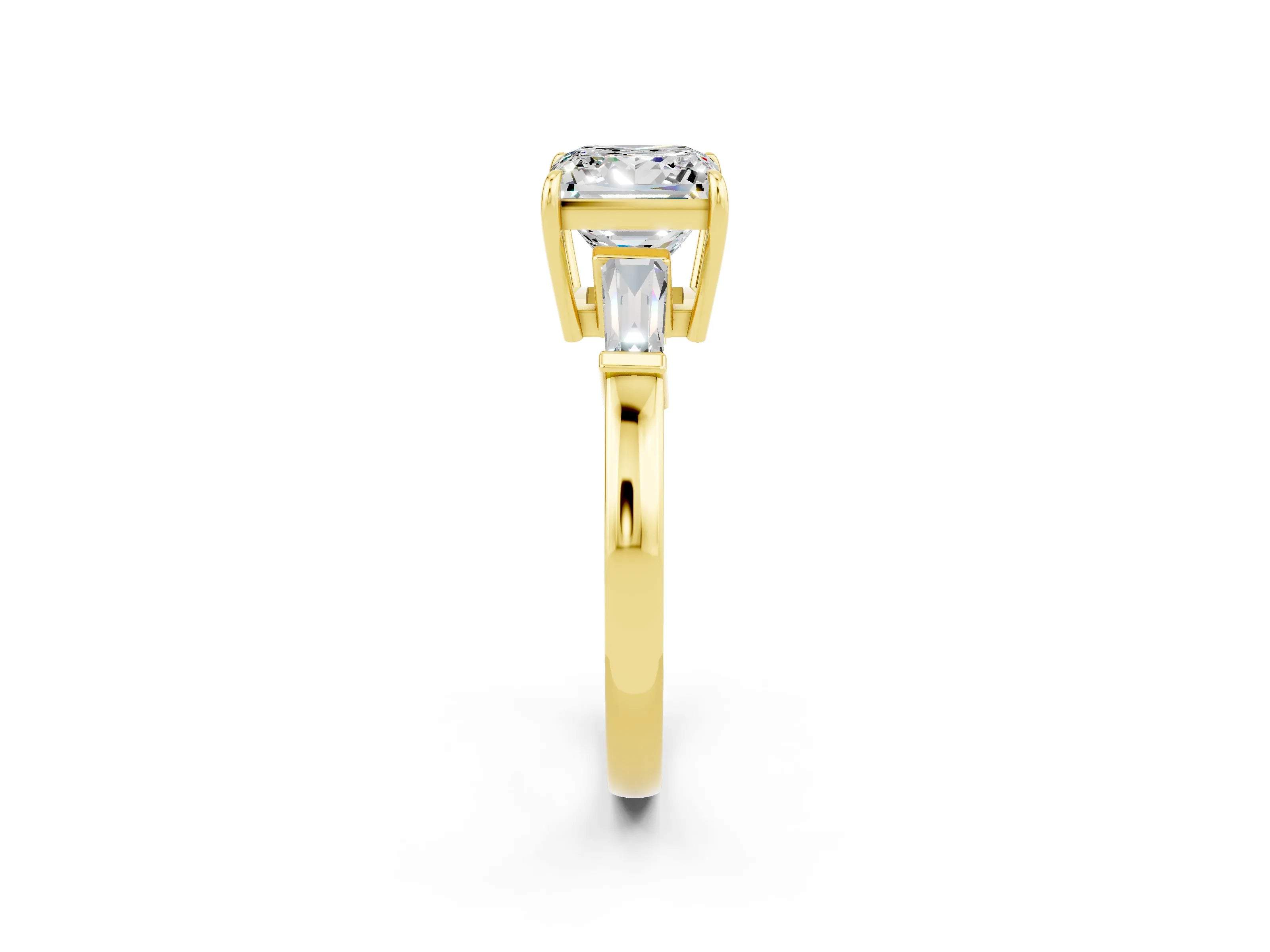 Yellow gold Princess Cut Cut Diamond Ring with Tapered Baguette Side Stones in Four-Prong Setting_2