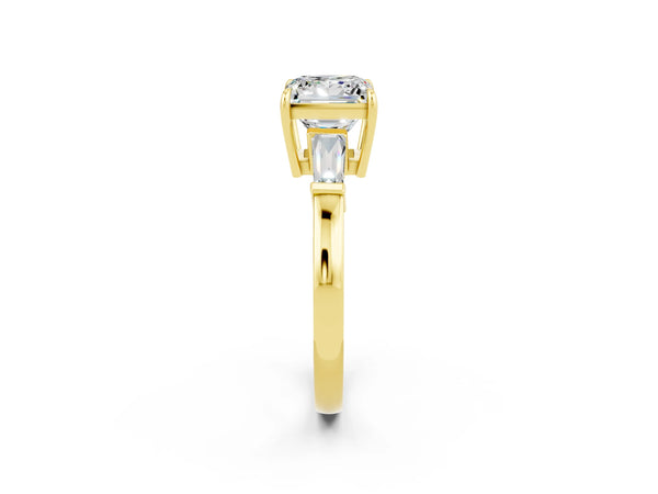 Yellow gold Princess Cut Moissanite Three-Stone Ring with Tapered Baguette Side Stones and Prong Setting