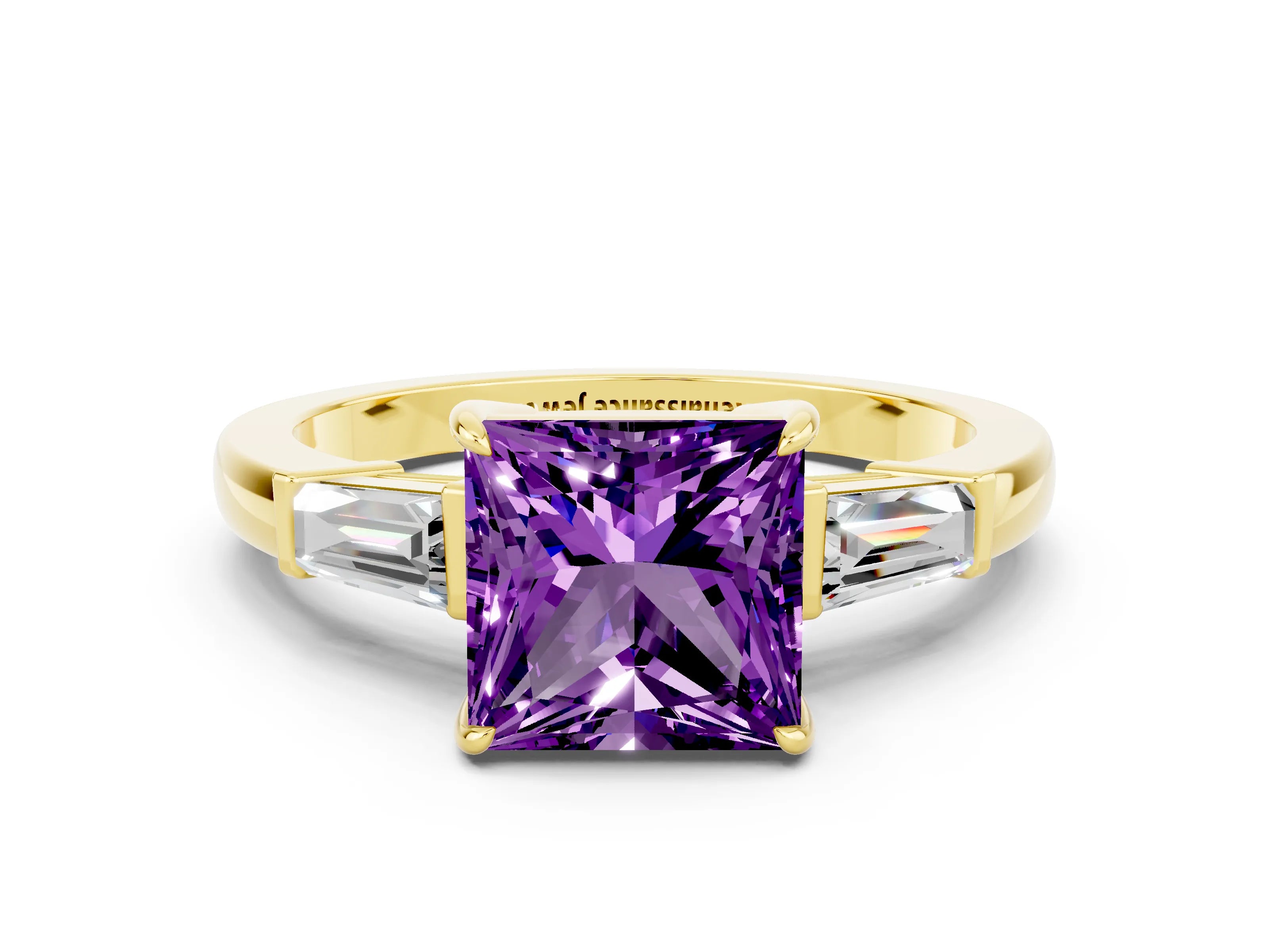 Yellow gold Princess Cut Cut Diamond Ring with Tapered Baguette Side Stones in Four-Prong Setting