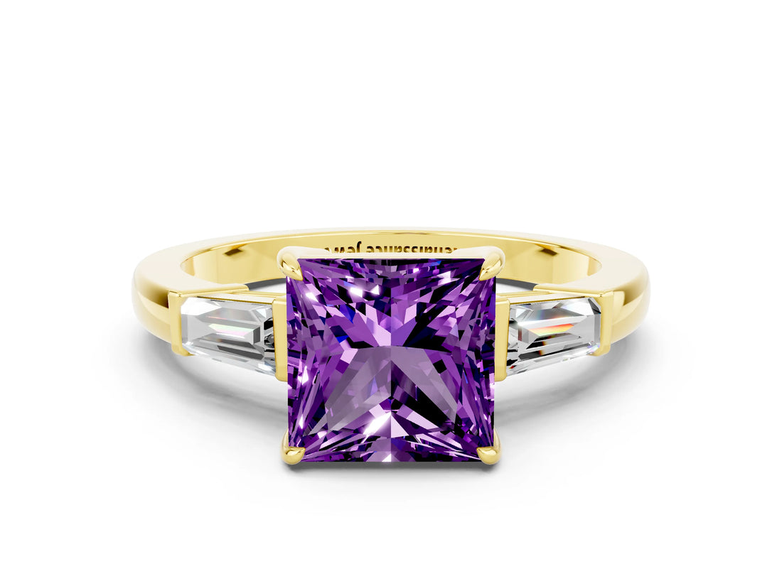 Yellow gold Princess Cut Cut Diamond Ring with Tapered Baguette Side Stones in Four-Prong Setting