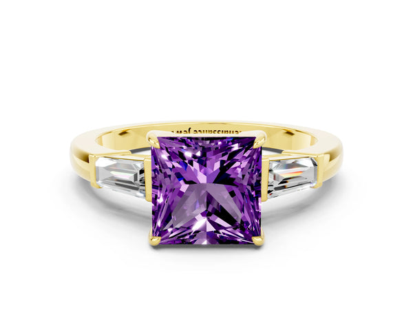 Yellow gold Princess Cut Amethyst Three-Stone Ring with Tapered Baguette Side Stones and Prong Setting
