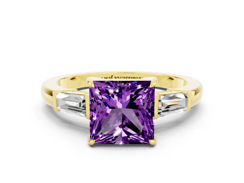 Yellow gold Princess Cut Cut Diamond Ring with Tapered Baguette Side Stones in Four-Prong Setting