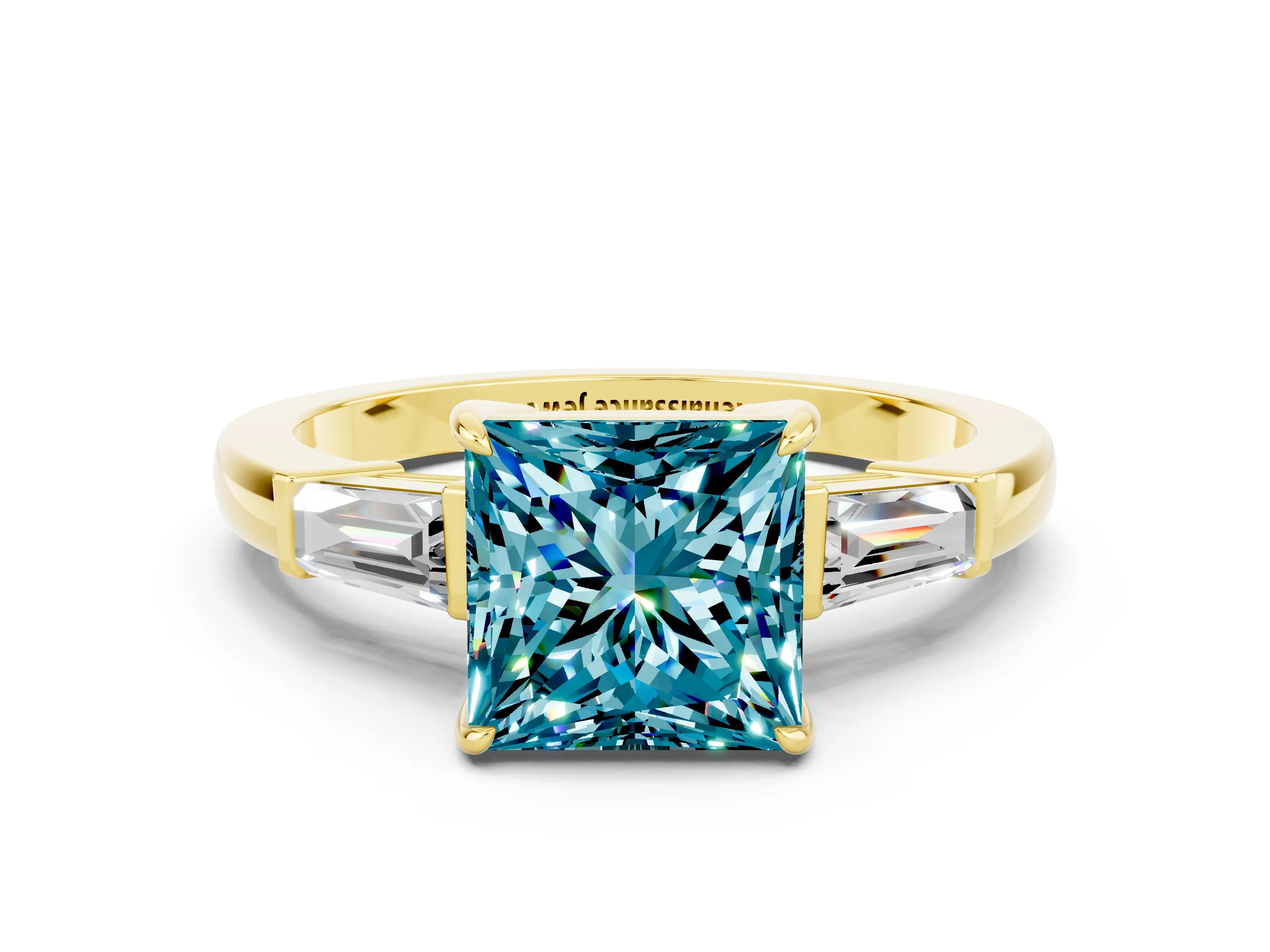 Yellow gold Princess Cut Cut Diamond Ring with Tapered Baguette Side Stones in Four-Prong Setting
