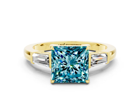 Yellow gold Princess Cut Cut Diamond Ring with Tapered Baguette Side Stones in Four-Prong Setting