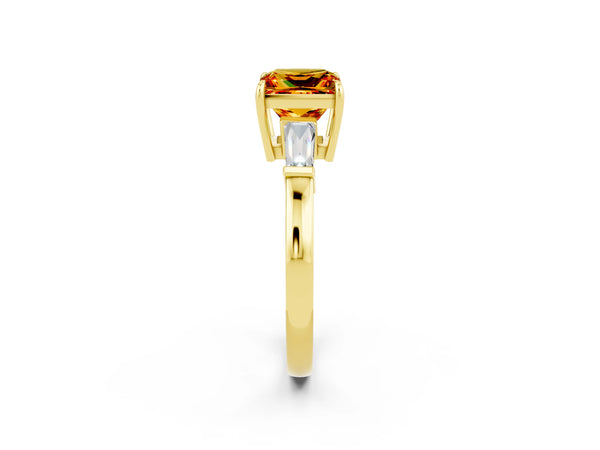 Yellow gold Princess Cut Citrine Three-Stone Ring with Tapered Baguette Side Stones and Prong Setting