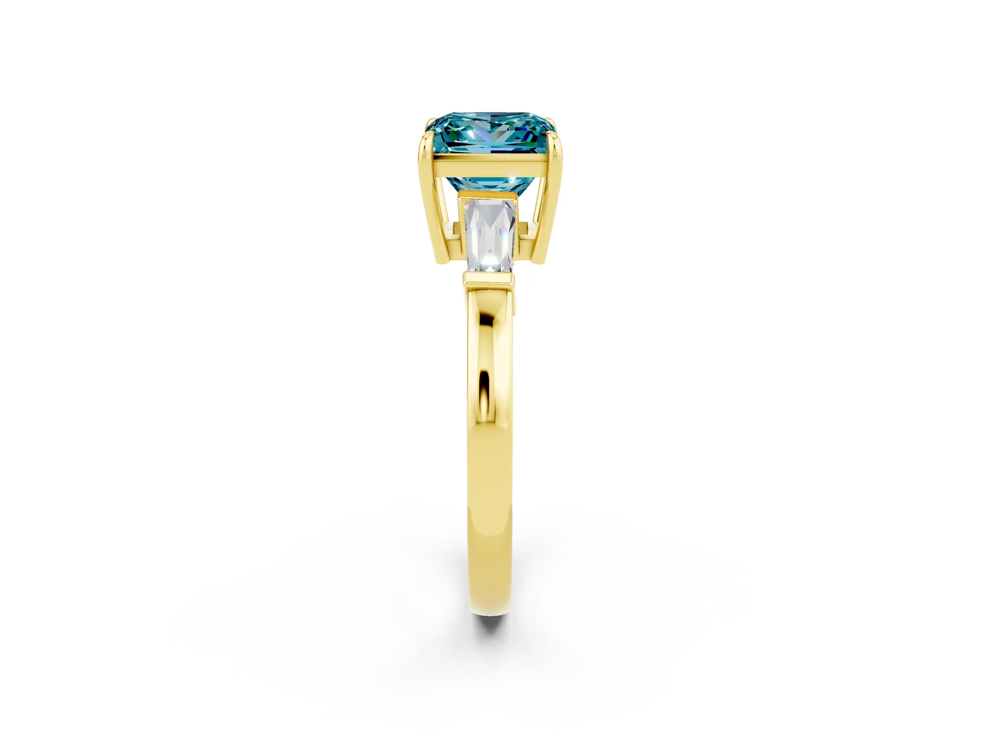 Yellow gold Princess Cut Cut Diamond Ring with Tapered Baguette Side Stones in Four-Prong Setting_2