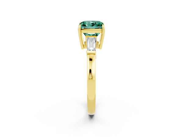 Yellow gold Princess Cut Green Sapphire Three-Stone Ring with Tapered Baguette Side Stones and Prong Setting