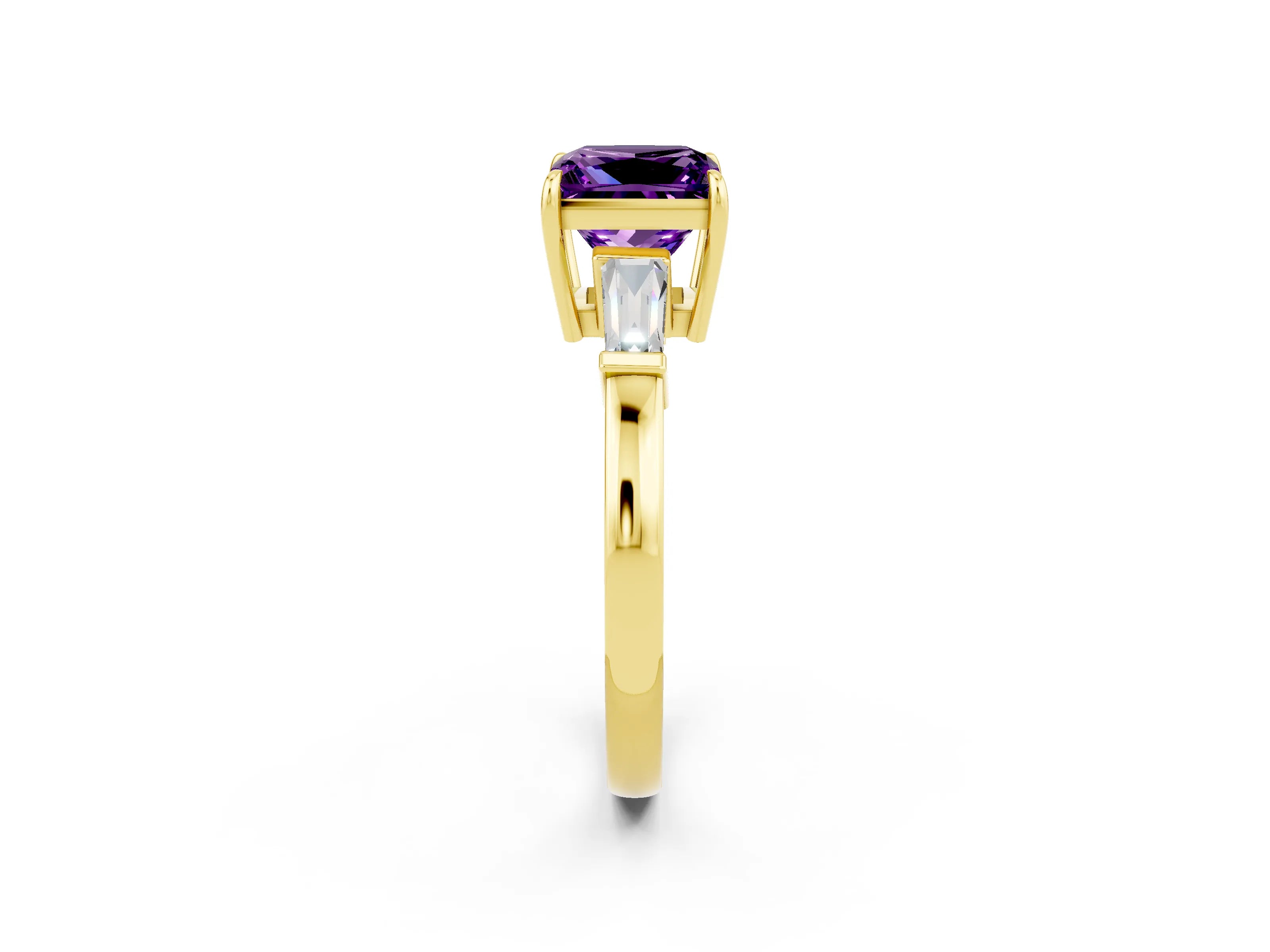 Yellow gold Princess Cut Cut Diamond Ring with Tapered Baguette Side Stones in Four-Prong Setting_2