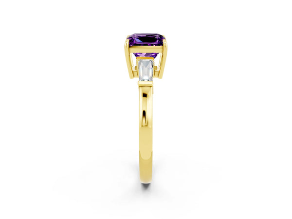 Yellow gold Princess Cut Amethyst Three-Stone Ring with Tapered Baguette Side Stones and Prong Setting