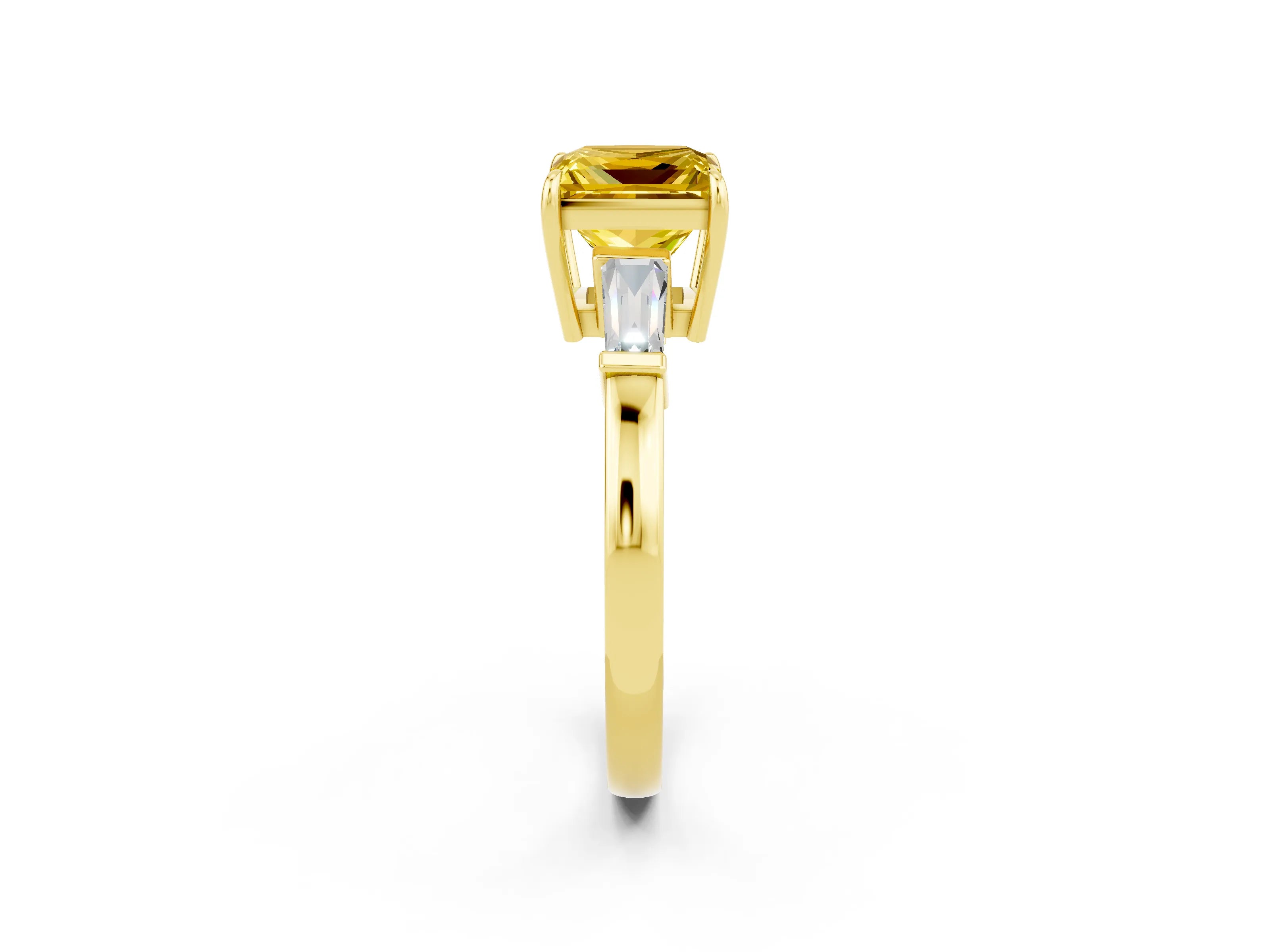 Yellow gold Princess Cut Cut Diamond Ring with Tapered Baguette Side Stones in Four-Prong Setting_2