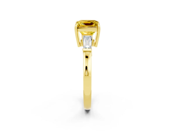 Yellow gold Princess Cut Yellow Sapphire Three-Stone Ring with Tapered Baguette Side Stones and Prong Setting