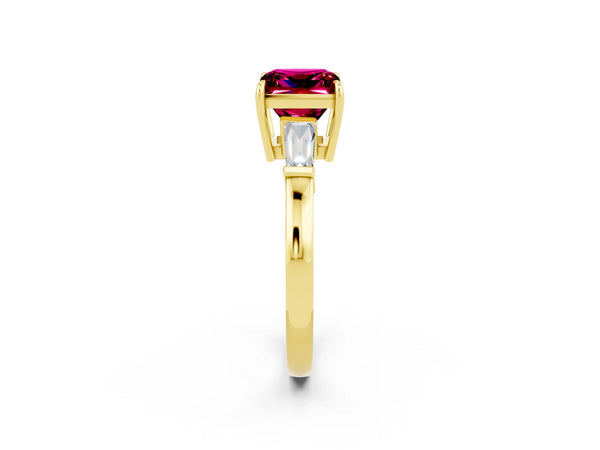 Yellow gold Princess Cut Garnet Three-Stone Ring with Tapered Baguette Side Stones and Prong Setting