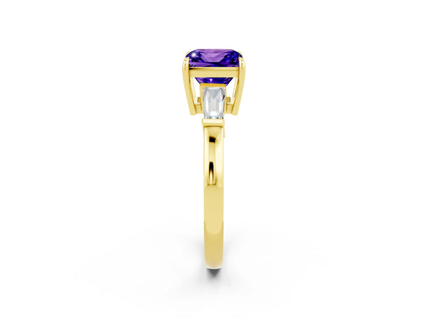 Yellow gold Princess Cut Tanzanite Three-Stone Ring with Tapered Baguette Side Stones and Prong Setting