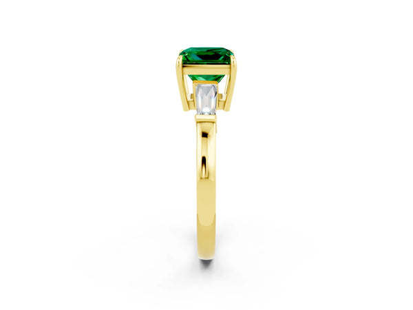Yellow gold Princess Cut Emerald Three-Stone Ring with Tapered Baguette Side Stones and Prong Setting