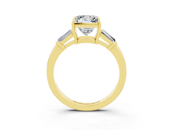 Yellow gold Princess Cut Moissanite Three-Stone Ring with Tapered Baguette Side Stones and Prong Setting