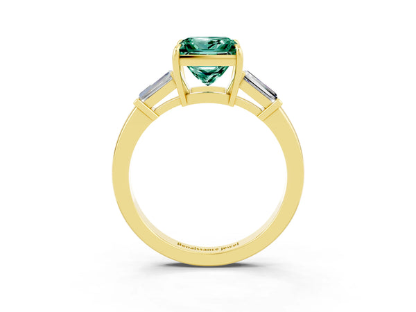 Yellow gold Princess Cut Green Sapphire Three-Stone Ring with Tapered Baguette Side Stones and Prong Setting