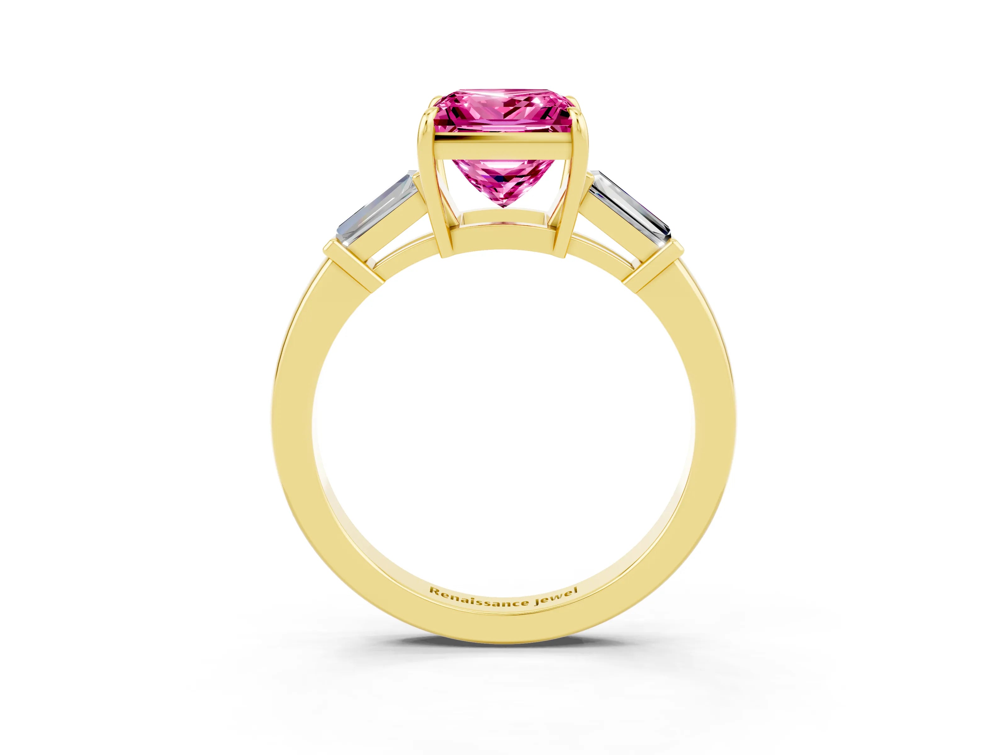 Yellow gold Princess Cut Cut Diamond Ring with Tapered Baguette Side Stones in Four-Prong Setting_3
