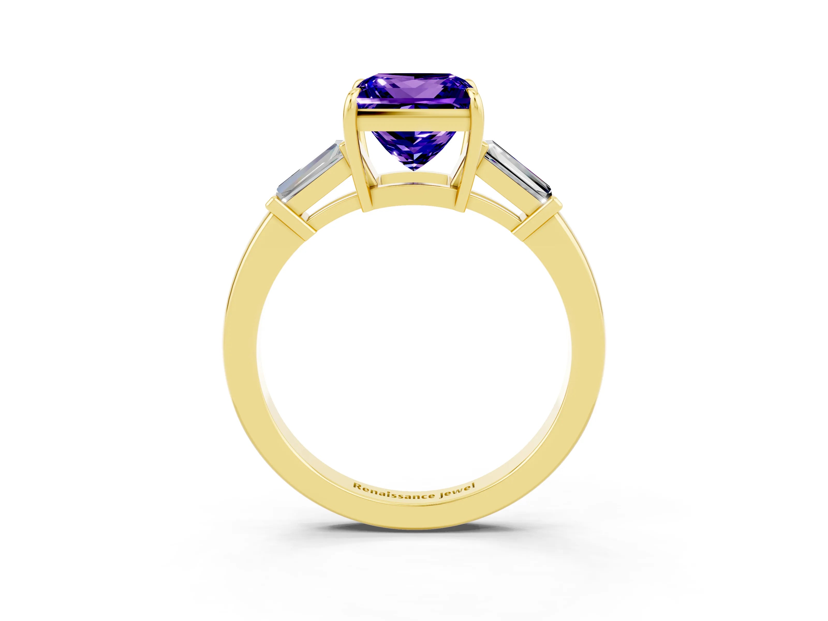 Yellow gold Princess Cut Cut Diamond Ring with Tapered Baguette Side Stones in Four-Prong Setting_3