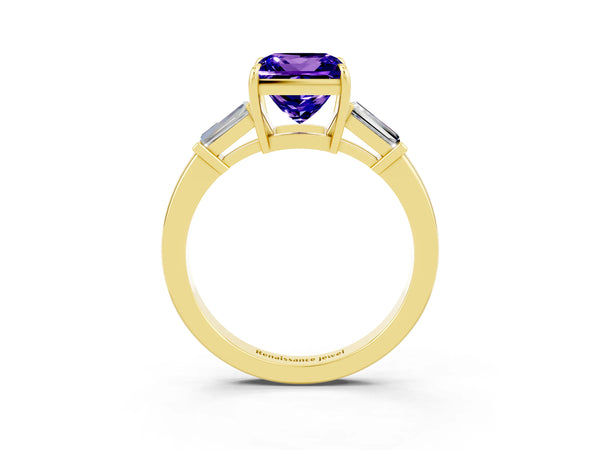Yellow gold Princess Cut Tanzanite Three-Stone Ring with Tapered Baguette Side Stones and Prong Setting