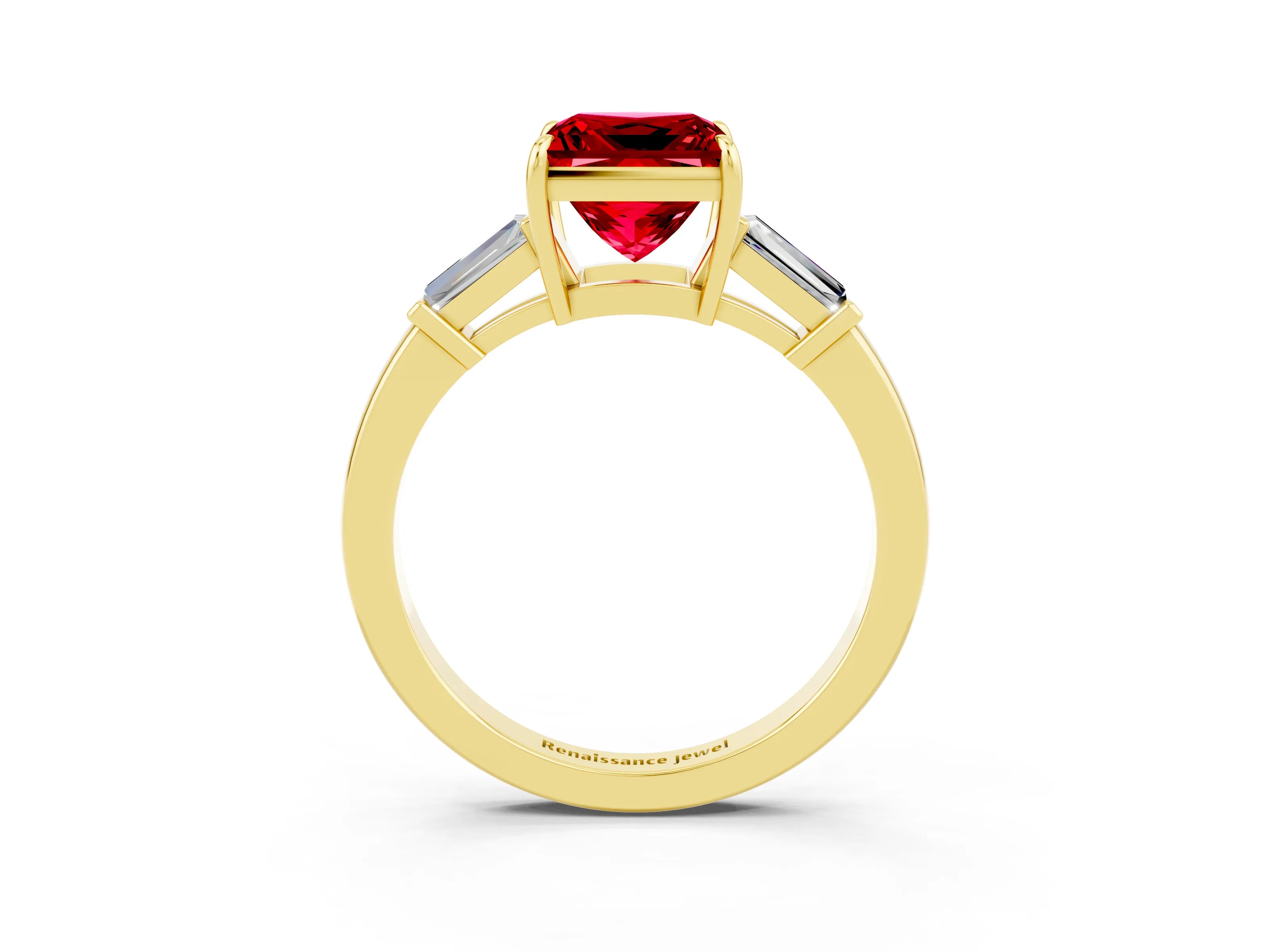 Yellow gold Princess Cut Cut Diamond Ring with Tapered Baguette Side Stones in Four-Prong Setting_3