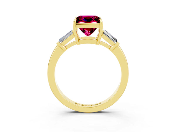 Yellow gold Princess Cut Garnet Three-Stone Ring with Tapered Baguette Side Stones and Prong Setting