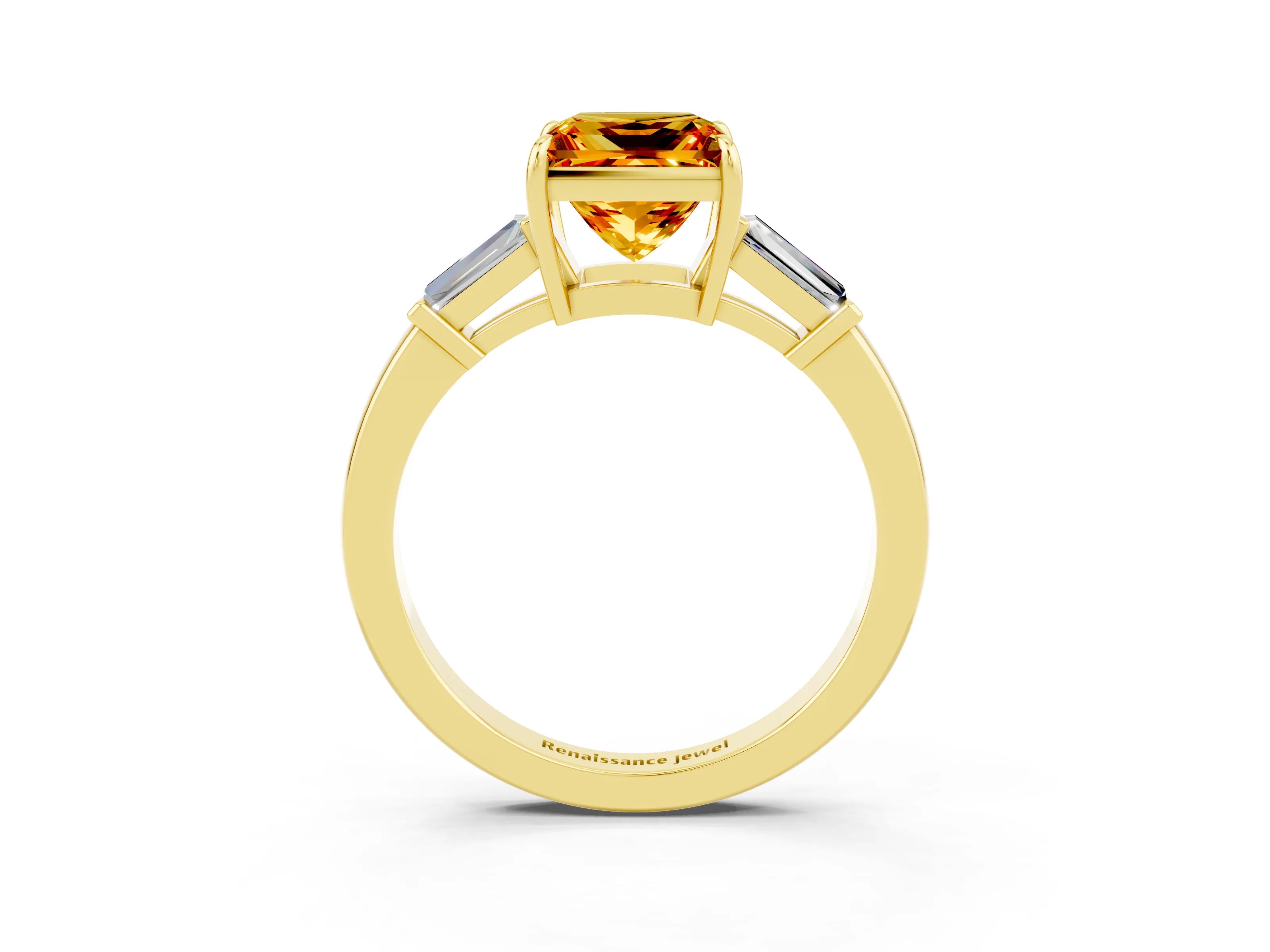 Yellow gold Princess Cut Cut Diamond Ring with Tapered Baguette Side Stones in Four-Prong Setting_3