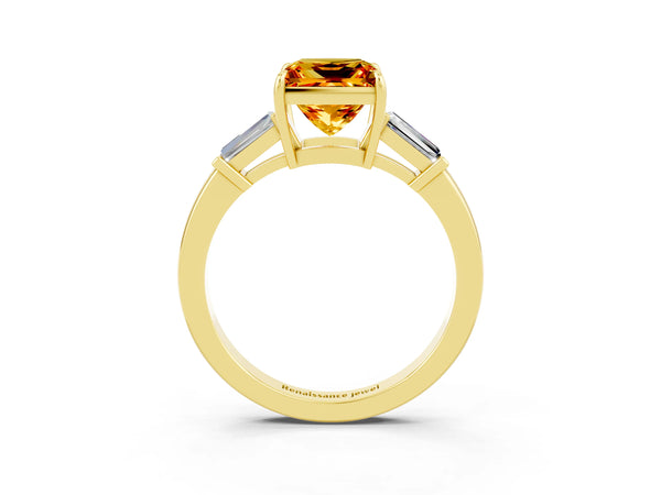 Yellow gold Princess Cut Citrine Three-Stone Ring with Tapered Baguette Side Stones and Prong Setting