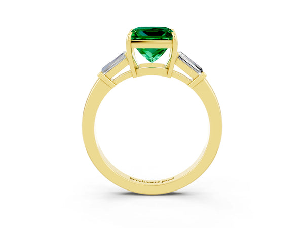 Yellow gold Princess Cut Emerald Three-Stone Ring with Tapered Baguette Side Stones and Prong Setting