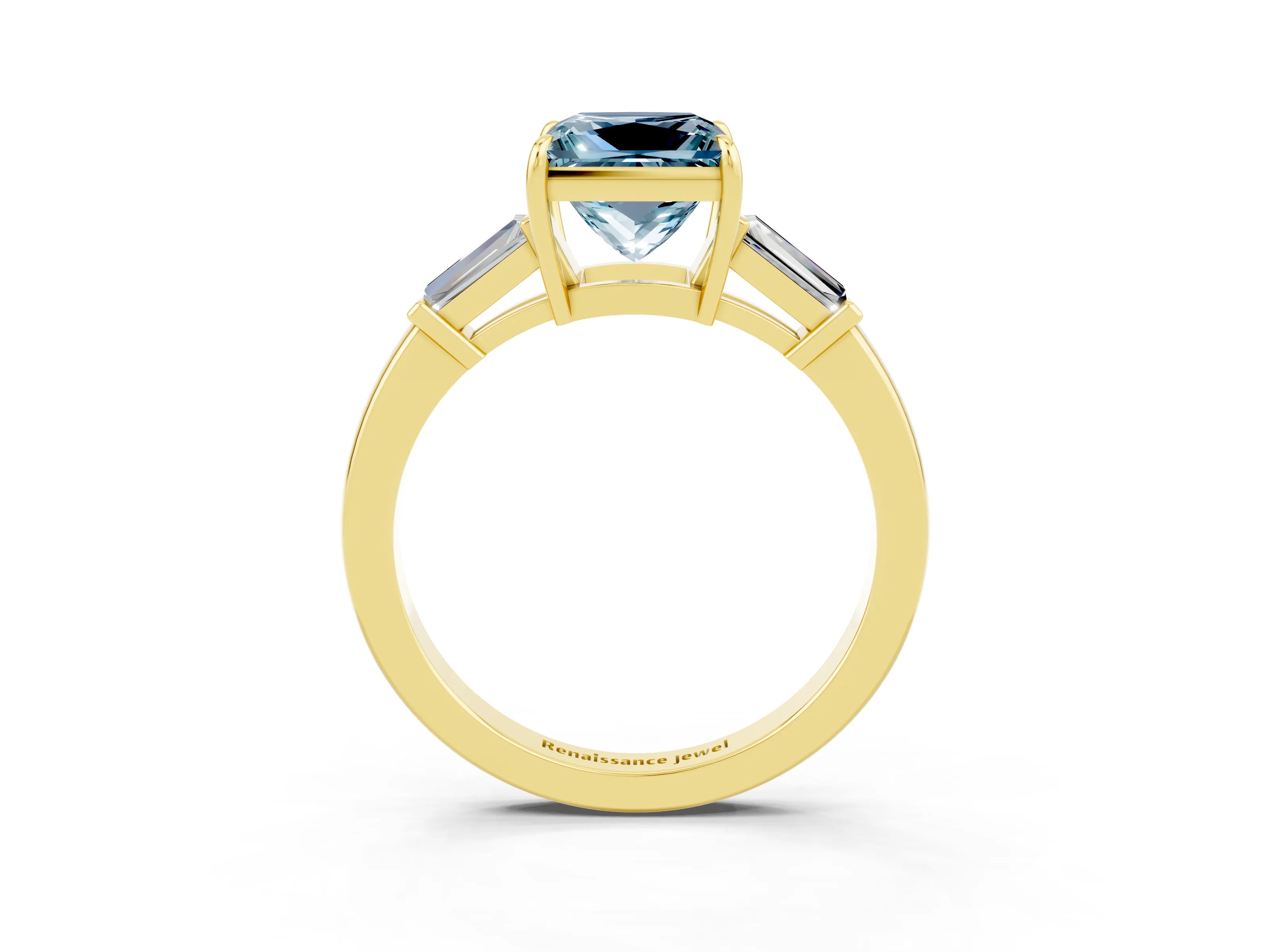Yellow gold Princess Cut Cut Diamond Ring with Tapered Baguette Side Stones in Four-Prong Setting_3