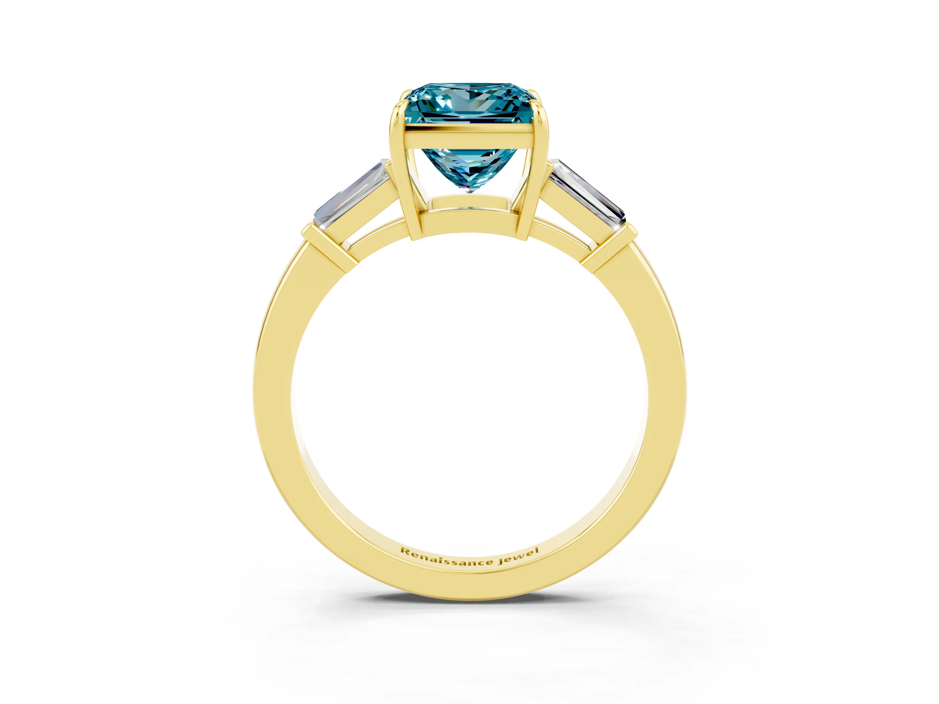 Yellow gold Princess Cut Cut Diamond Ring with Tapered Baguette Side Stones in Four-Prong Setting_3