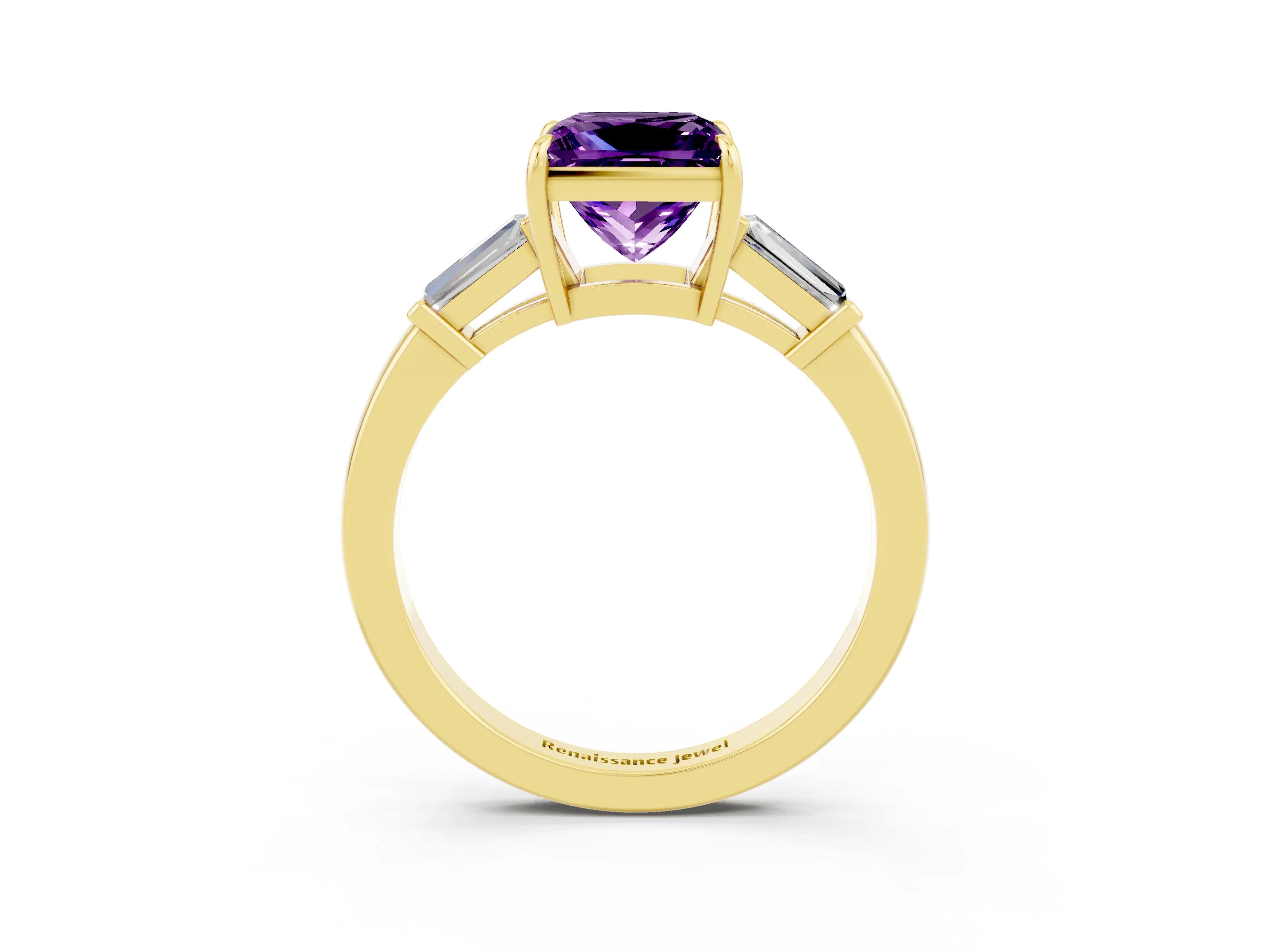 Yellow gold Princess Cut Cut Diamond Ring with Tapered Baguette Side Stones in Four-Prong Setting_3