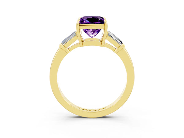 Yellow gold Princess Cut Amethyst Three-Stone Ring with Tapered Baguette Side Stones and Prong Setting