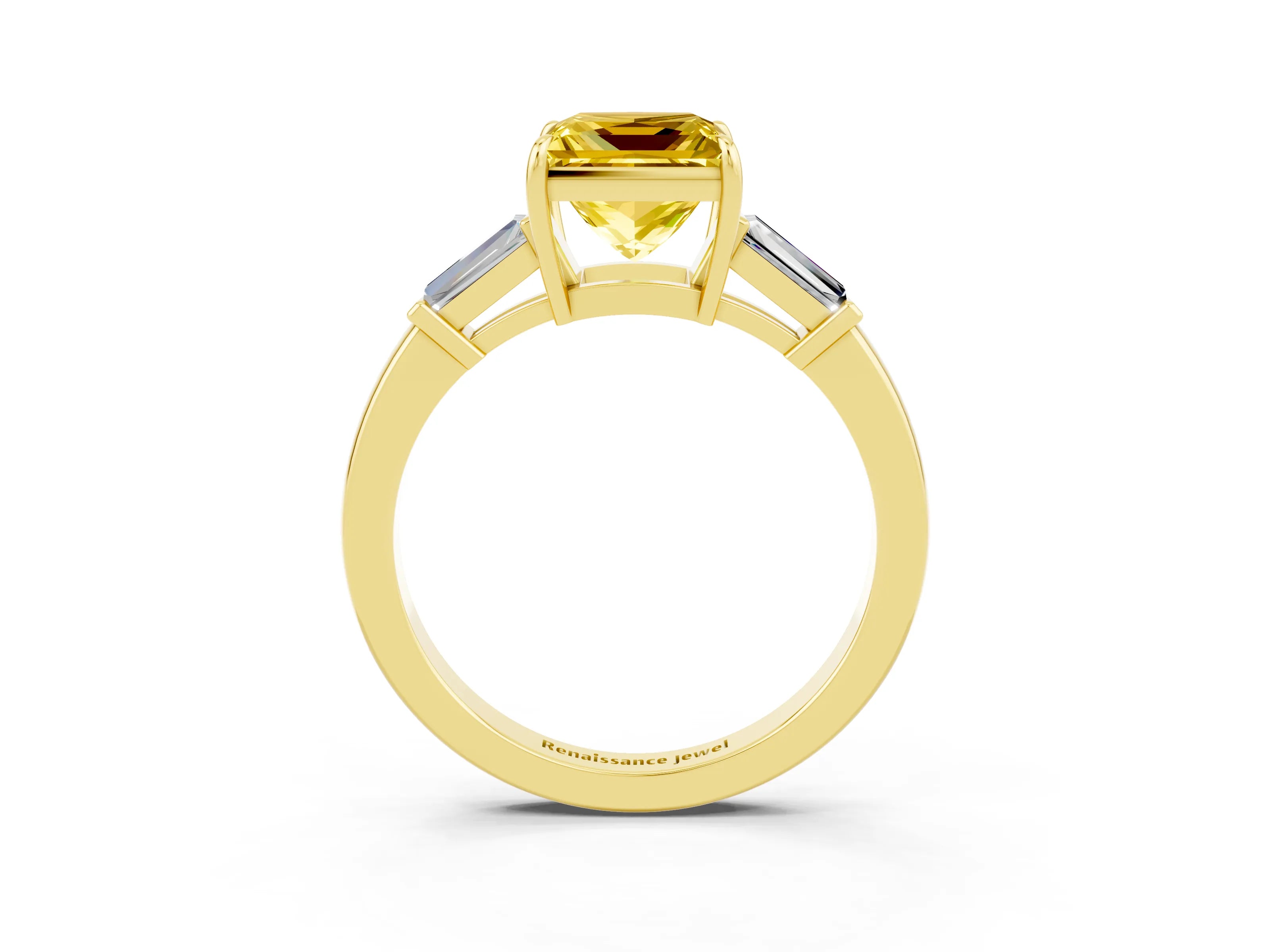 Yellow gold Princess Cut Cut Diamond Ring with Tapered Baguette Side Stones in Four-Prong Setting_3