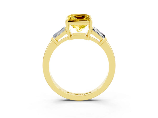Yellow gold Princess Cut Yellow Sapphire Three-Stone Ring with Tapered Baguette Side Stones and Prong Setting