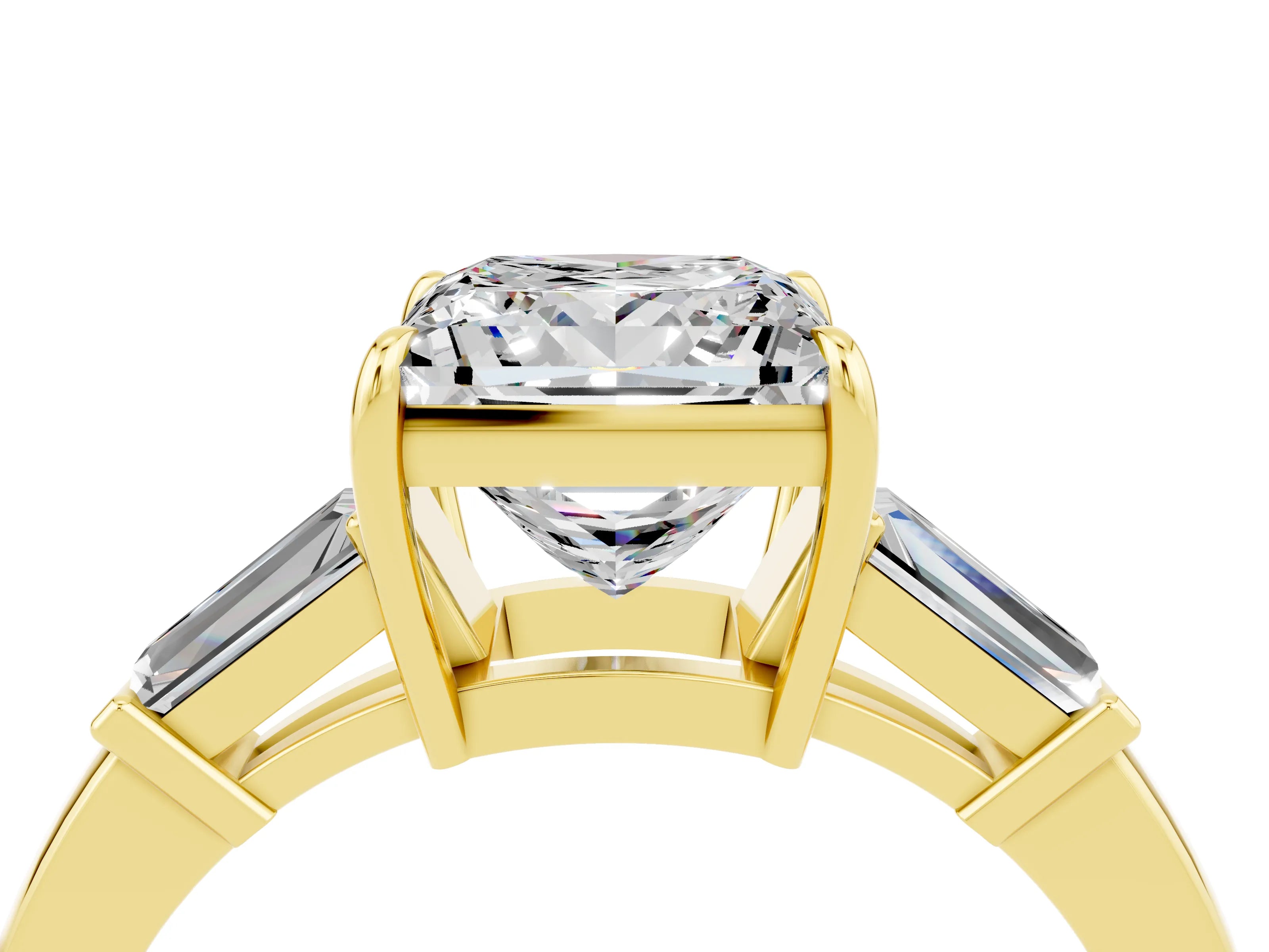 Yellow gold Princess Cut Cut Diamond Ring with Tapered Baguette Side Stones in Four-Prong Setting_4
