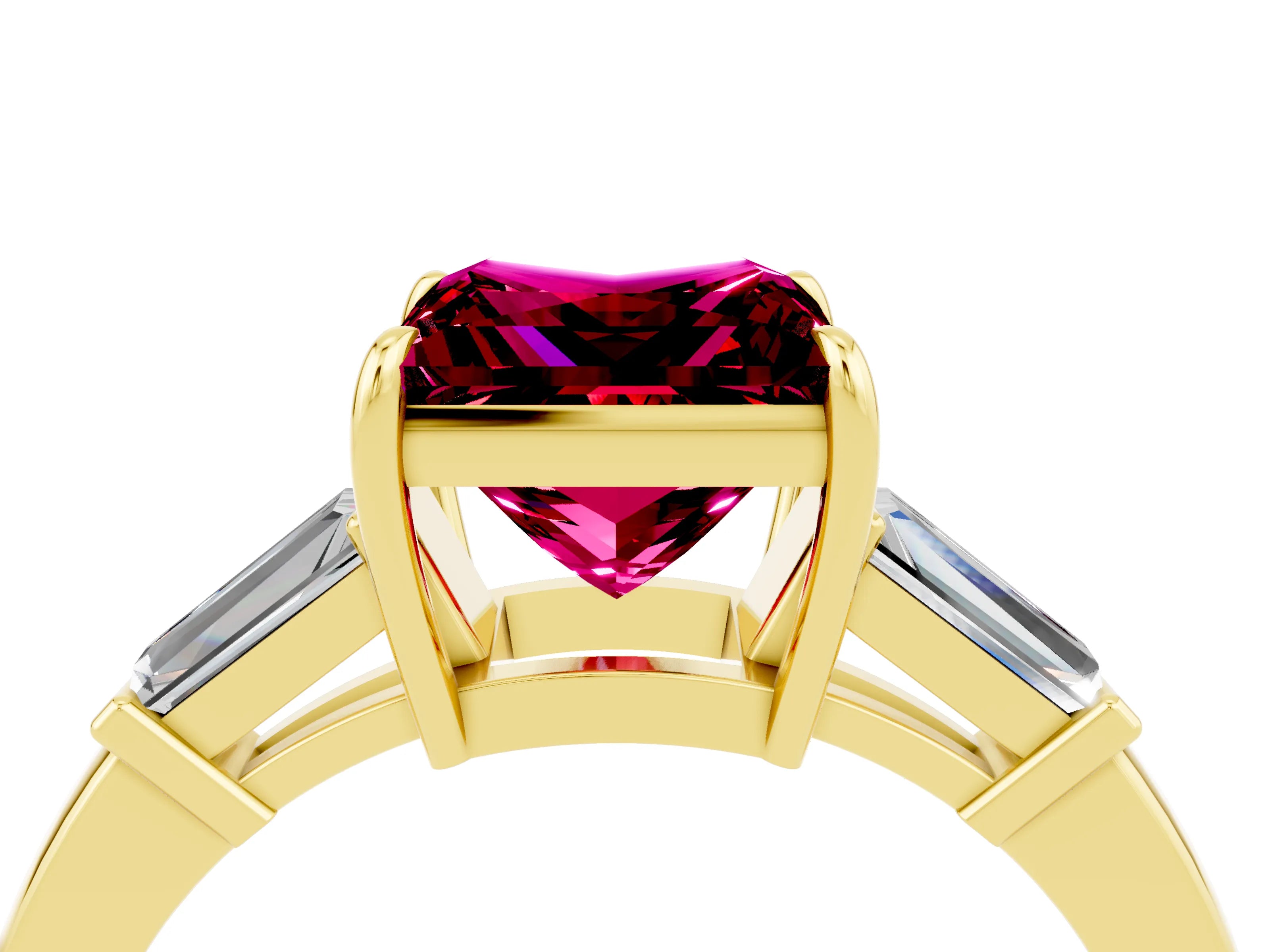 Yellow gold Princess Cut Cut Diamond Ring with Tapered Baguette Side Stones in Four-Prong Setting_4