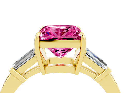 Yellow gold Princess Cut Cut Diamond Ring with Tapered Baguette Side Stones in Four-Prong Setting_4