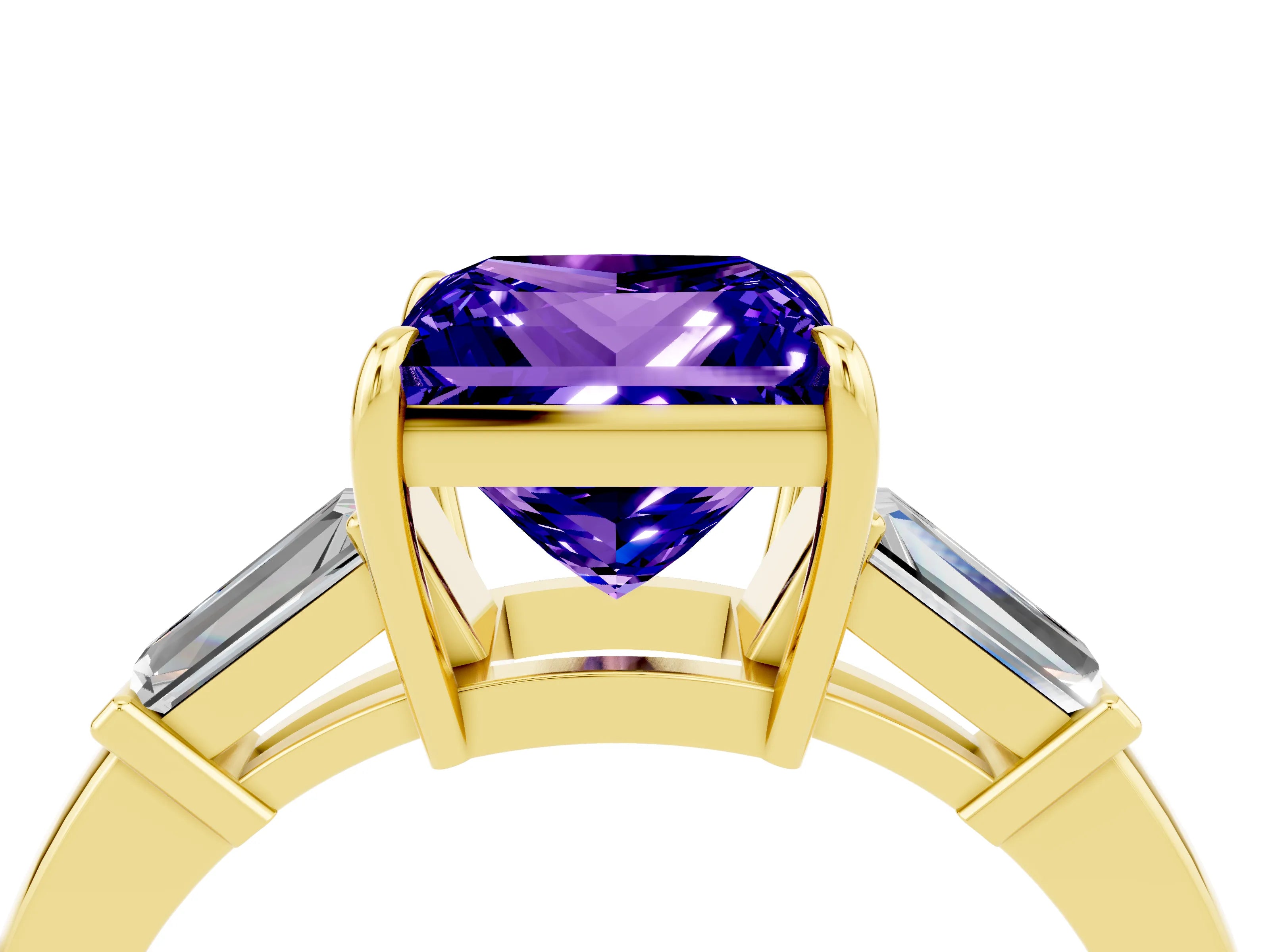 Yellow gold Princess Cut Cut Diamond Ring with Tapered Baguette Side Stones in Four-Prong Setting_4
