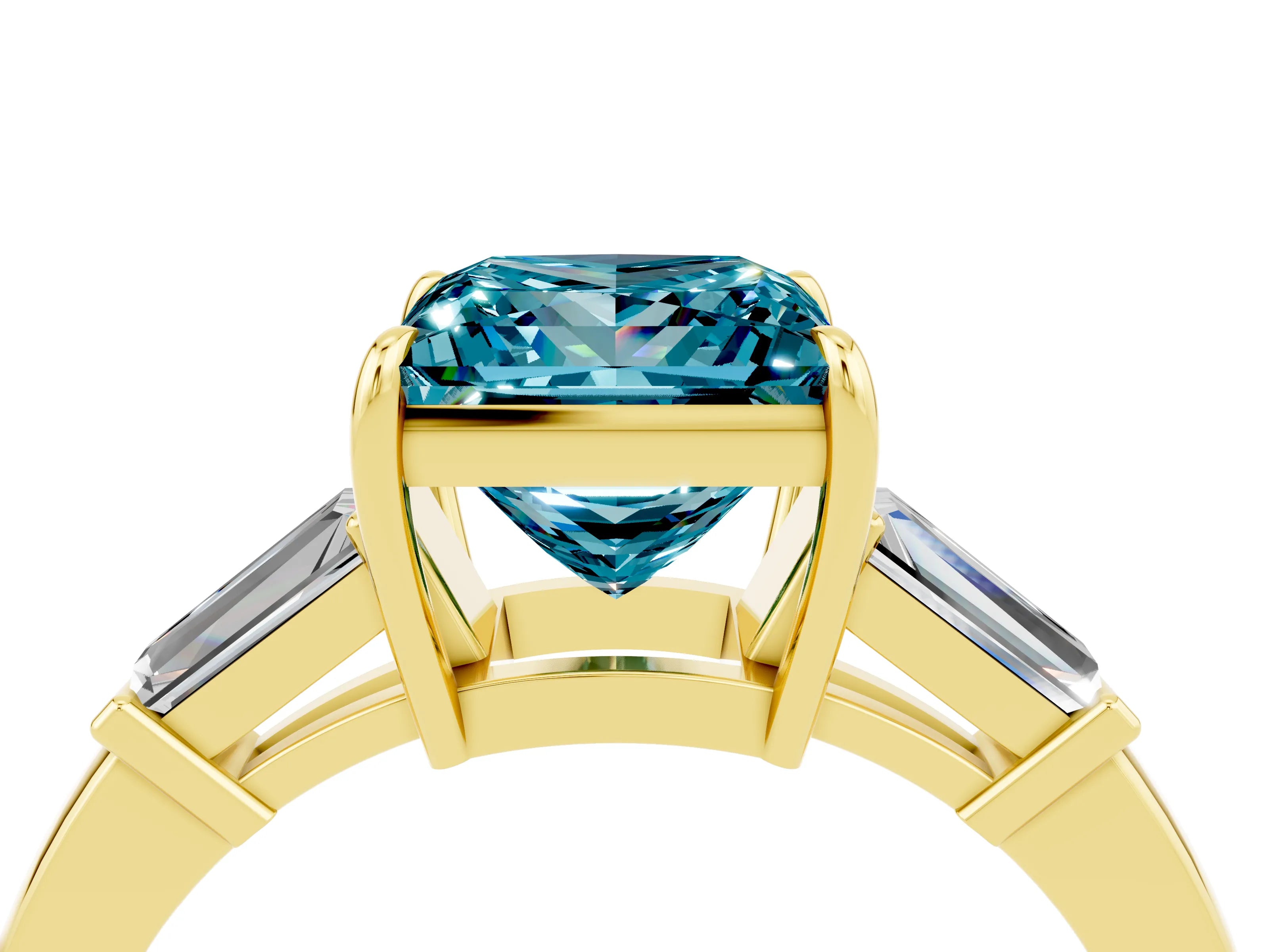 Yellow gold Princess Cut Cut Diamond Ring with Tapered Baguette Side Stones in Four-Prong Setting_4