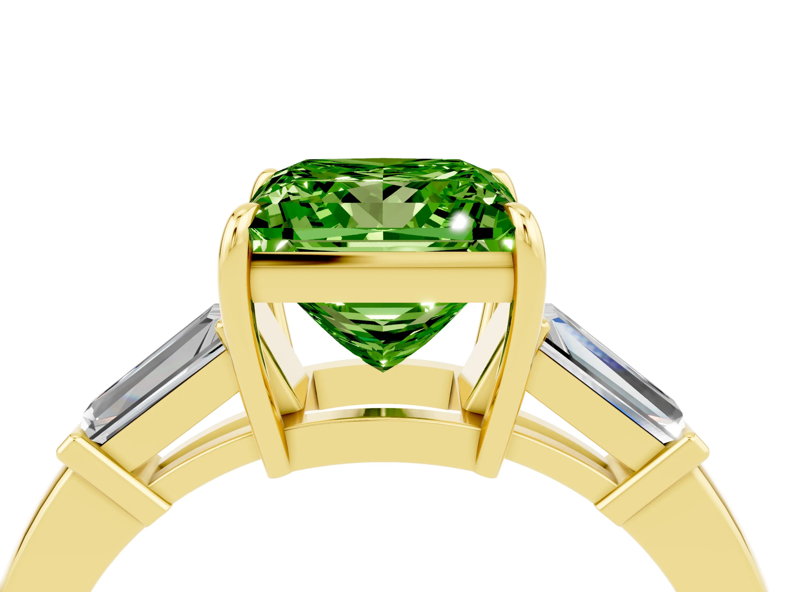 Yellow gold Princess Cut Cut Diamond Ring with Tapered Baguette Side Stones in Four-Prong Setting_4