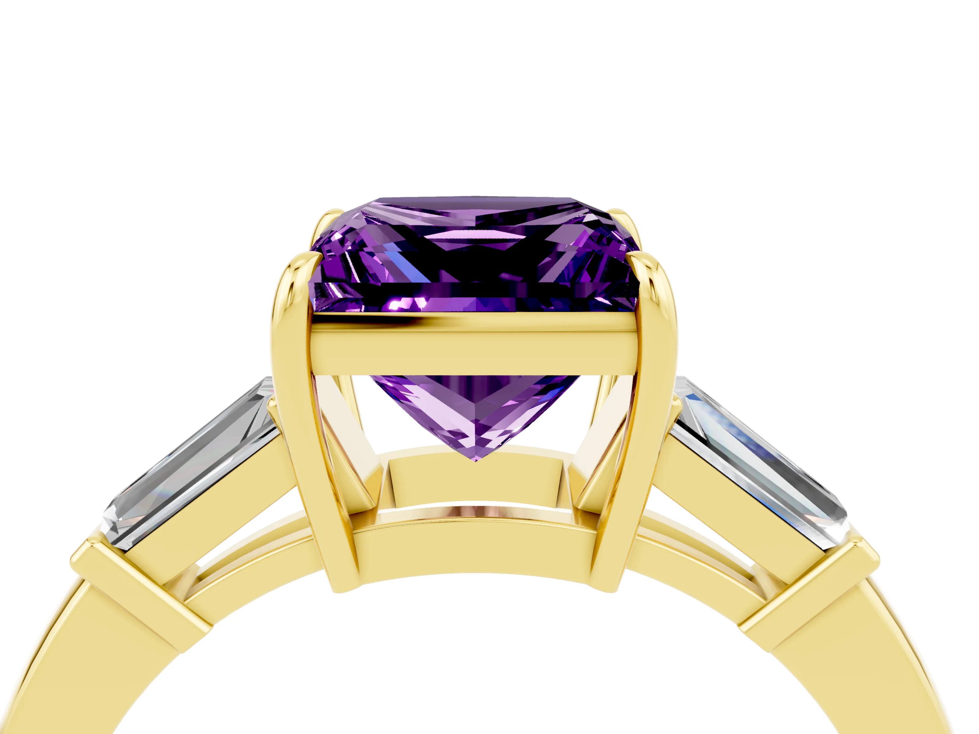 Yellow gold Princess Cut Cut Diamond Ring with Tapered Baguette Side Stones in Four-Prong Setting_4