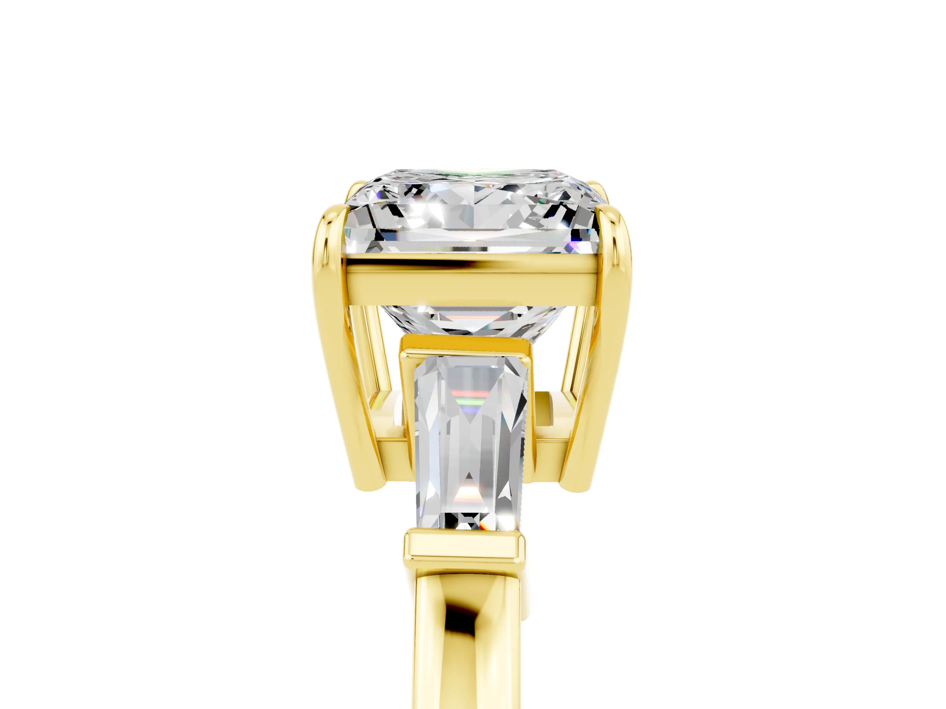 Yellow gold Princess Cut Cut Diamond Ring with Tapered Baguette Side Stones in Four-Prong Setting_5