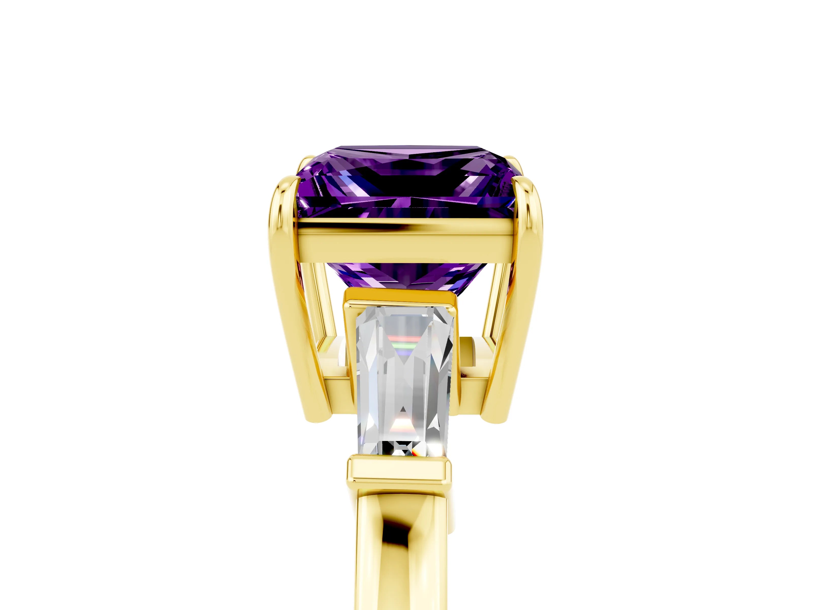 Yellow gold Princess Cut Cut Diamond Ring with Tapered Baguette Side Stones in Four-Prong Setting_5