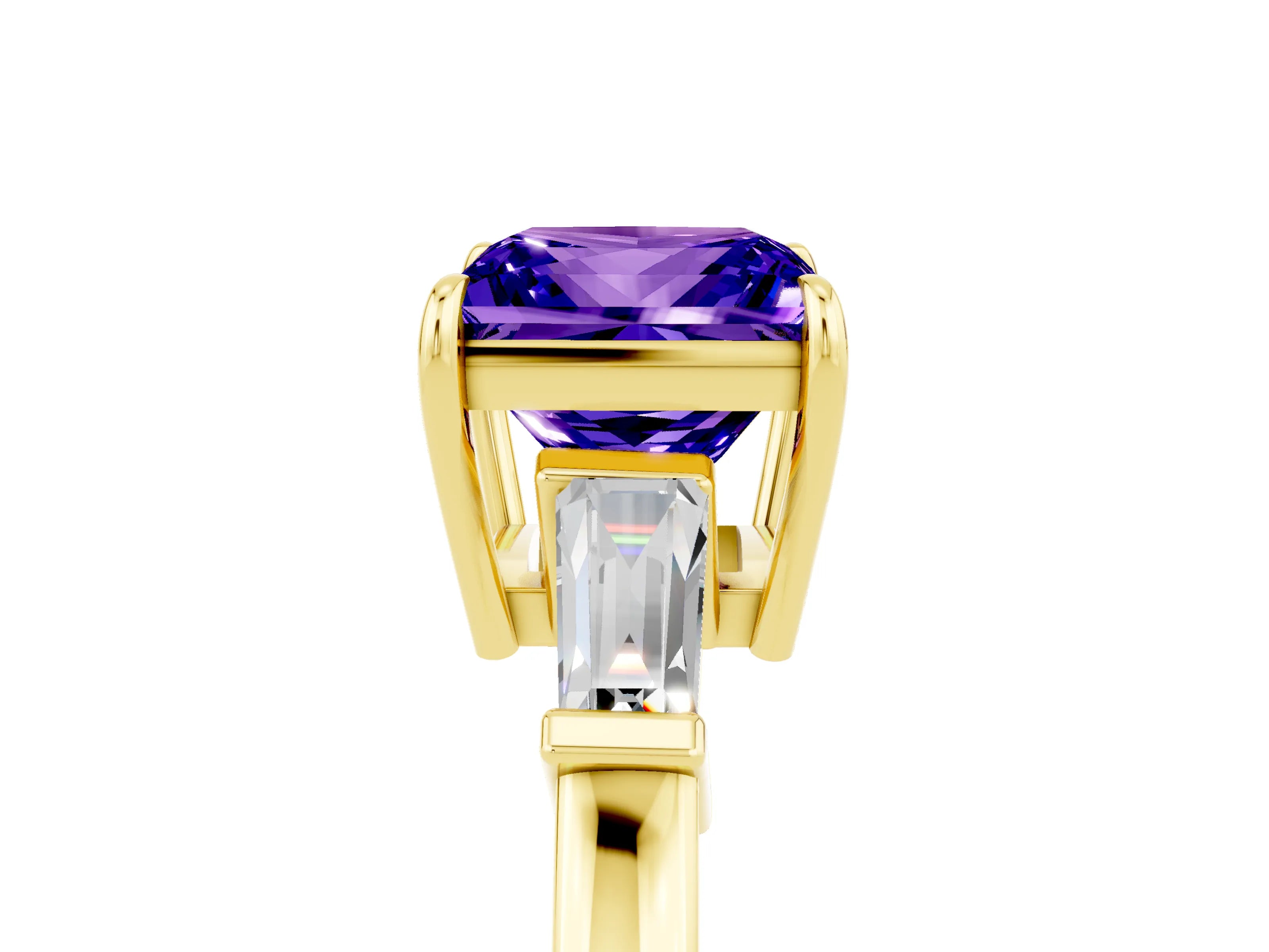 Yellow gold Princess Cut Cut Diamond Ring with Tapered Baguette Side Stones in Four-Prong Setting_5