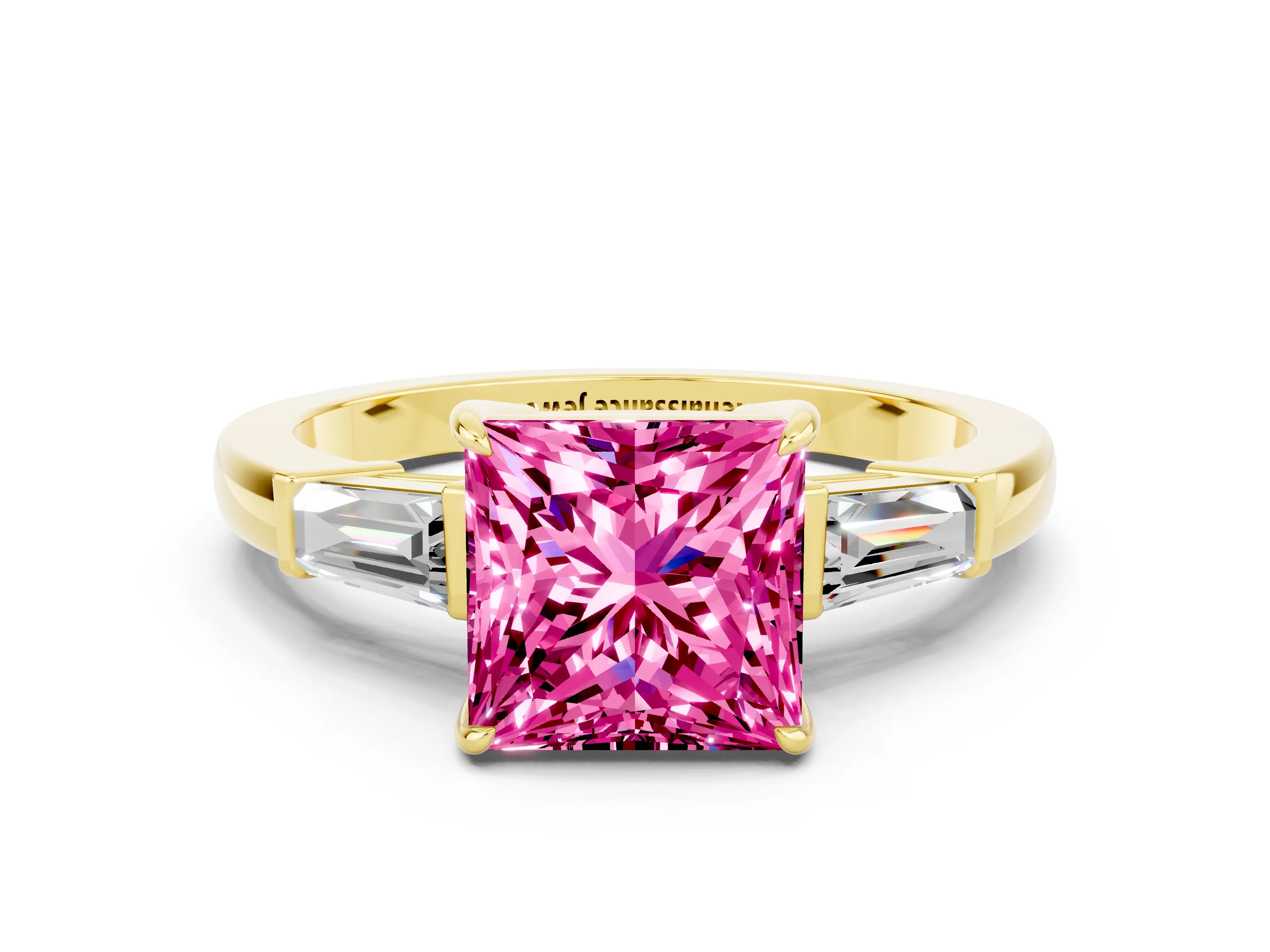 Yellow gold Princess Cut Cut Diamond Ring with Tapered Baguette Side Stones in Four-Prong Setting