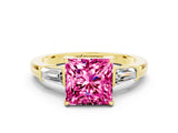 Yellow gold Princess Cut Cut Diamond Ring with Tapered Baguette Side Stones in Four-Prong Setting