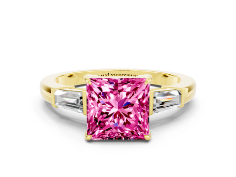 Yellow gold Princess Cut Cut Diamond Ring with Tapered Baguette Side Stones in Four-Prong Setting