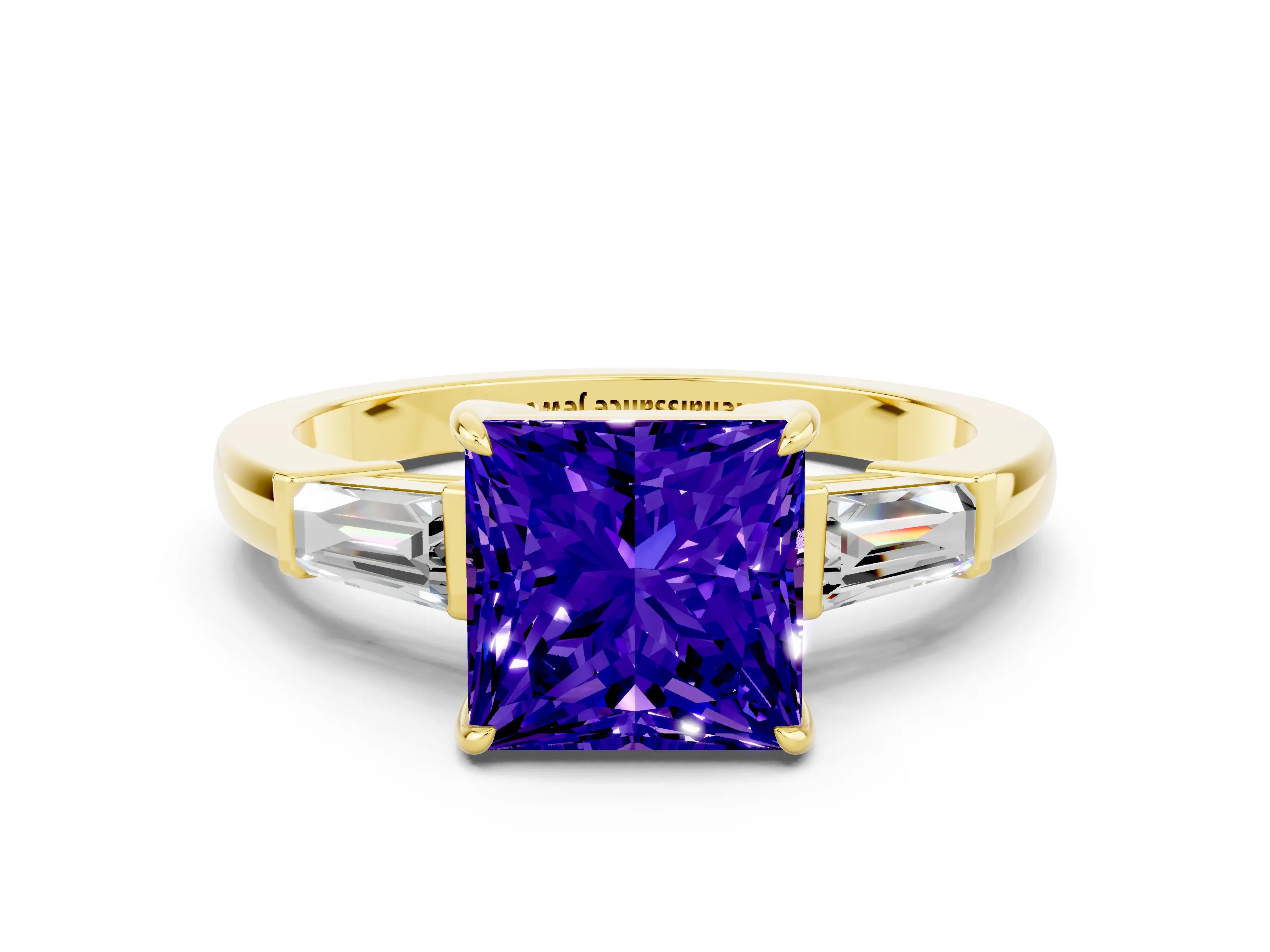 Yellow gold Princess Cut Cut Diamond Ring with Tapered Baguette Side Stones in Four-Prong Setting
