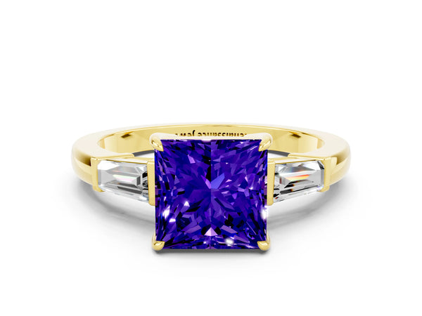 Yellow gold Princess Cut Tanzanite Three-Stone Ring with Tapered Baguette Side Stones and Prong Setting