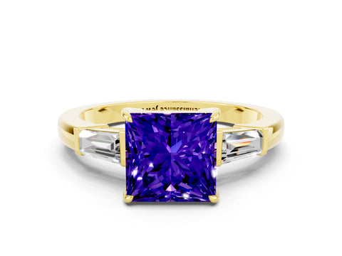 Yellow gold Princess Cut Cut Diamond Ring with Tapered Baguette Side Stones in Four-Prong Setting